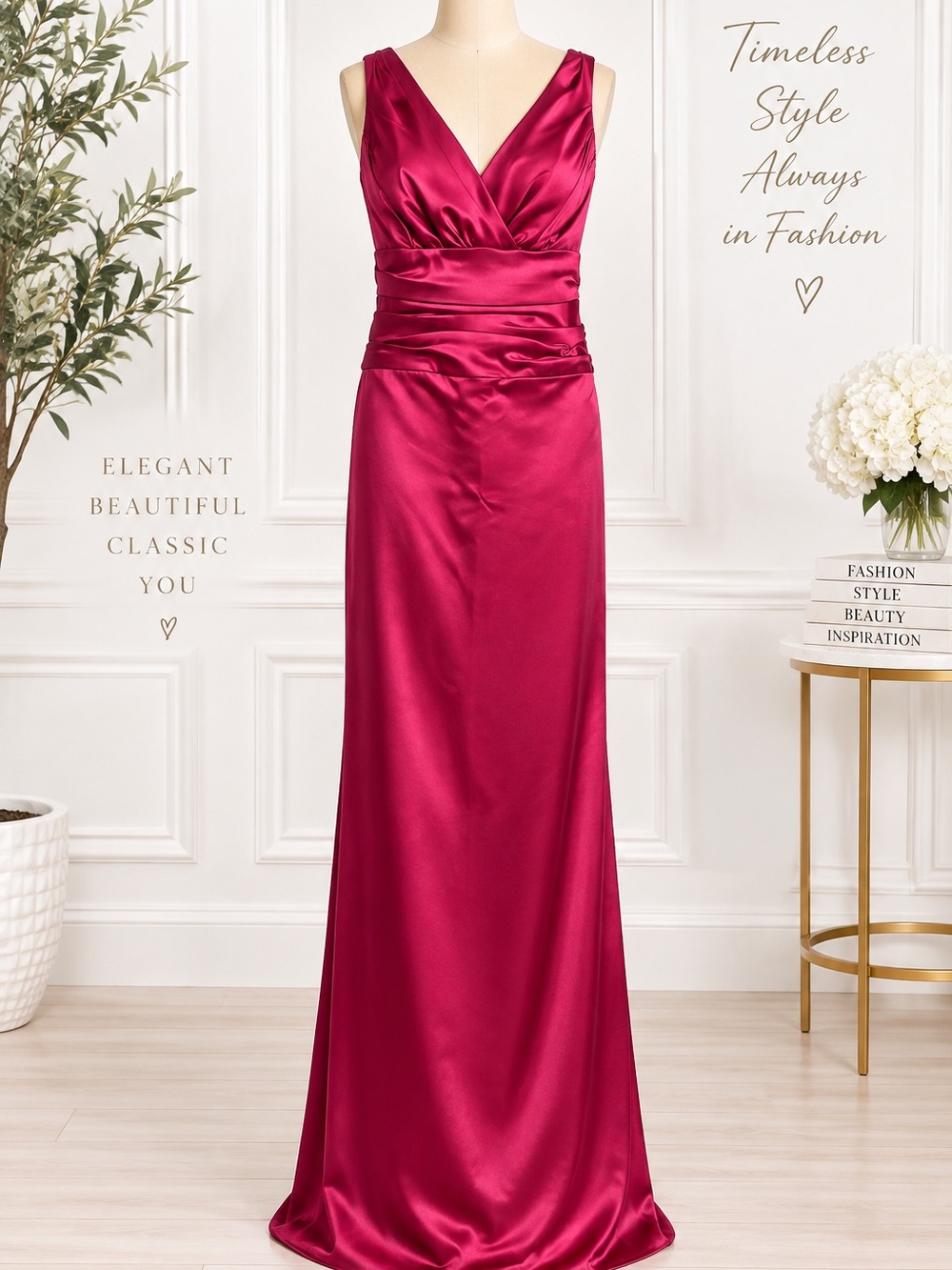 David’s Bridal Size 6 Fuchsia Pink Satin Ruched V-Neck Formal Evening Gown